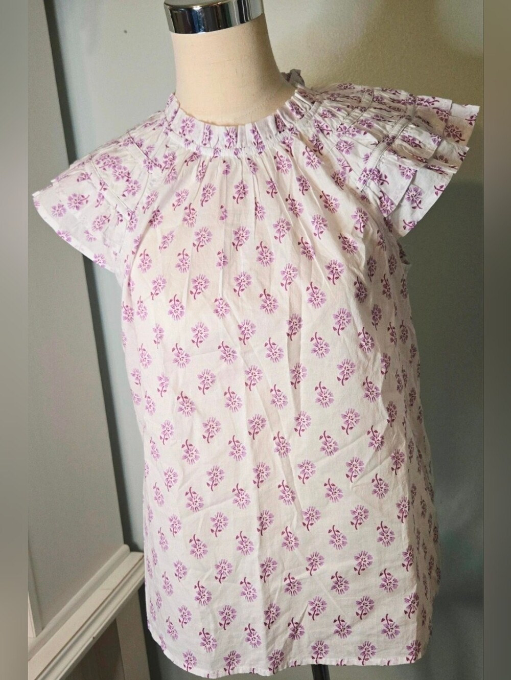 J. Crew White Top with Lilac Floral Print and Ruffle Neck